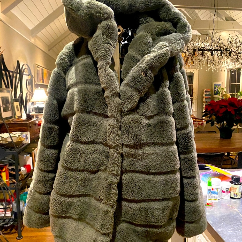 Apparis hunter green-grey faux fur hooded coat